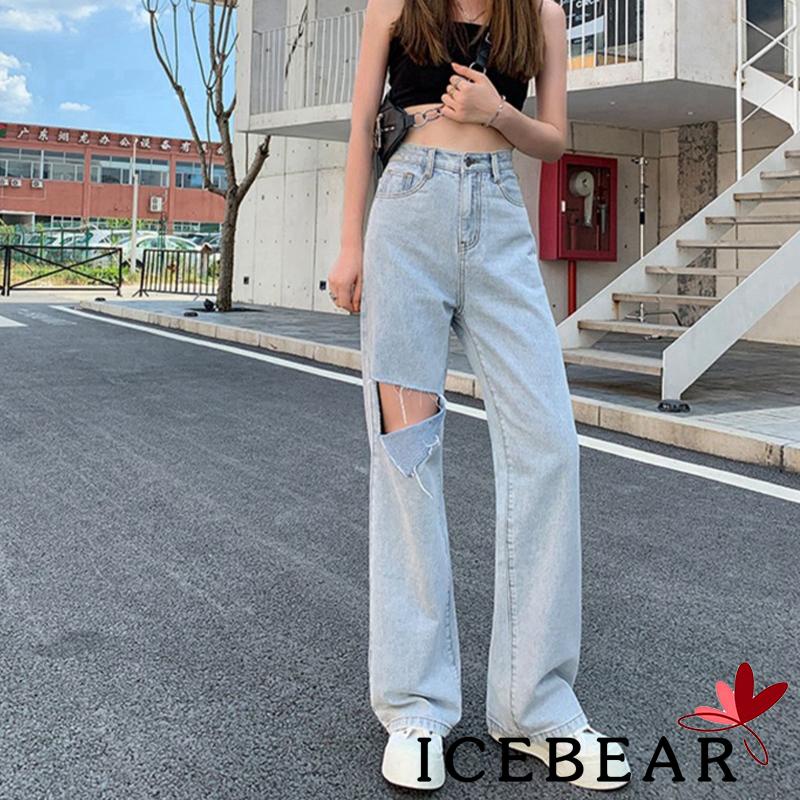 Quần Jean Dài Lưng Cao Ống Rộng Màu Trơn Phối Rách Thời Trang Cho Nữ