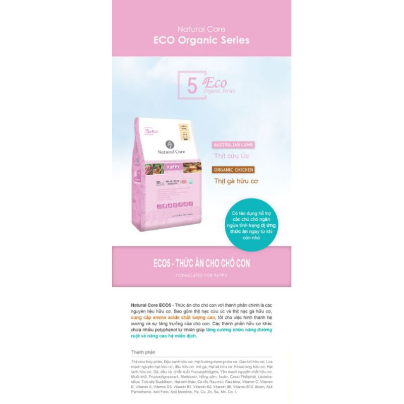 2.4KGTHỨC ĂN HỮU CƠ NATURAL CORE PUPPY CHO CHÓ CON THỊT CỪU Thức ăn  cho chó con được chứng nhận hữu cơ ECOCERT