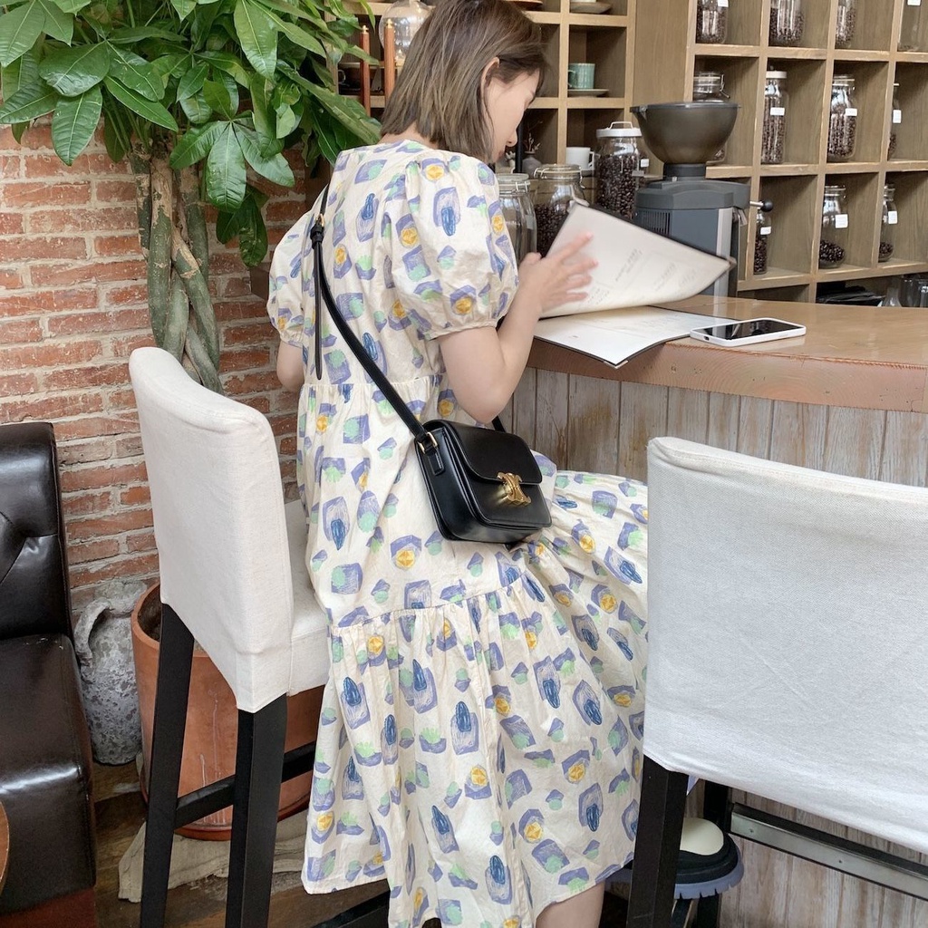 Đầm tay phồng dáng rộng in họa tiết thời trang cho nữ