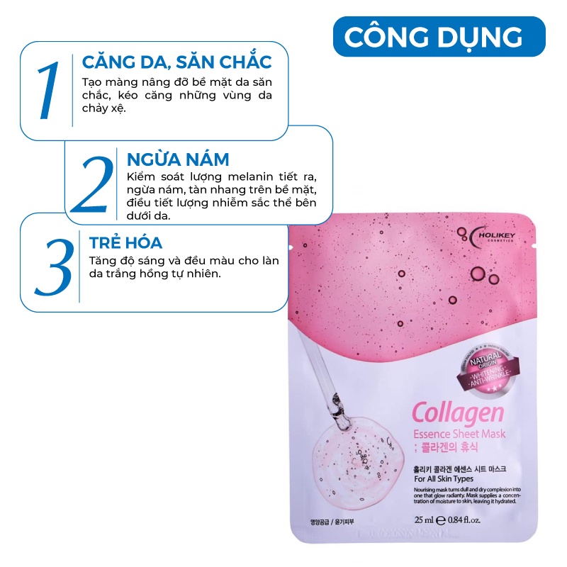 Hộp 10 Túi Mặt nạ giấy - Mặt nạ collagen dưỡng trắng da chiết xuất từ Collagen làm căng & trắng da Holikey Hàn Quốc