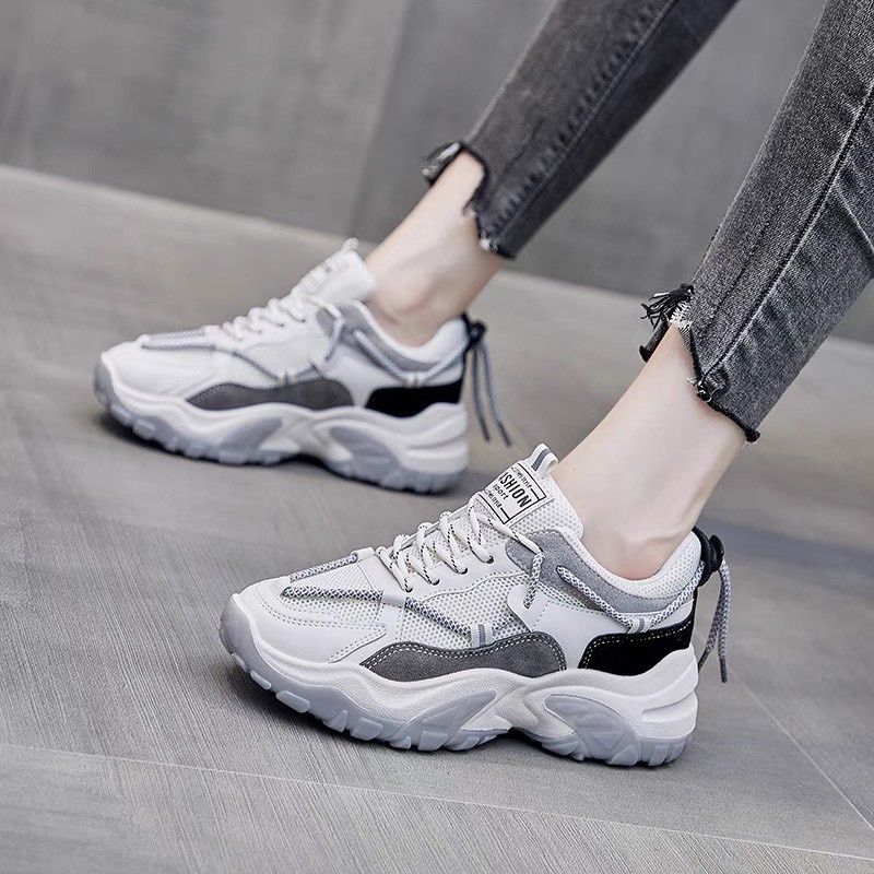 Giày thể thao nữ Zhixun - giày sneaker nữ có 2 phối màu trắng xám &amp; trắng cam chất da phối lưới độn đế cao đẹp giá rẻ