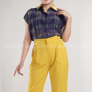 Set bộ công sở áo somi kẻ + quần baggy vàng Luxy A4 Q4