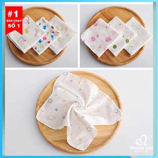 Set 10 khăn sữa xô Nhật họa tiết cho bé 32x32cm, khăn sữa ăn dặm 100% cotton - Monnie Kids