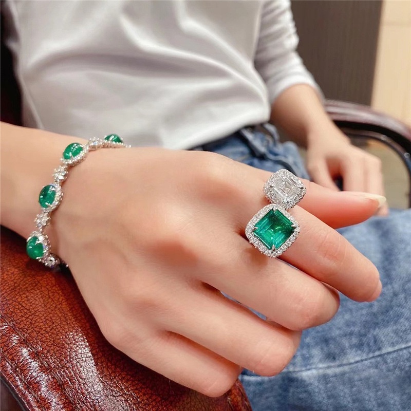 High class jewelry ins light luxury square diamond Emerald ring female opening color treasure niche design online red jewelry live broadcast