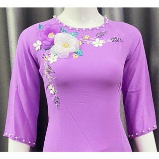 Áo dài chiffon cổ tròn đính hoa hồng màu tím, áo dài 4 tà truyền thống