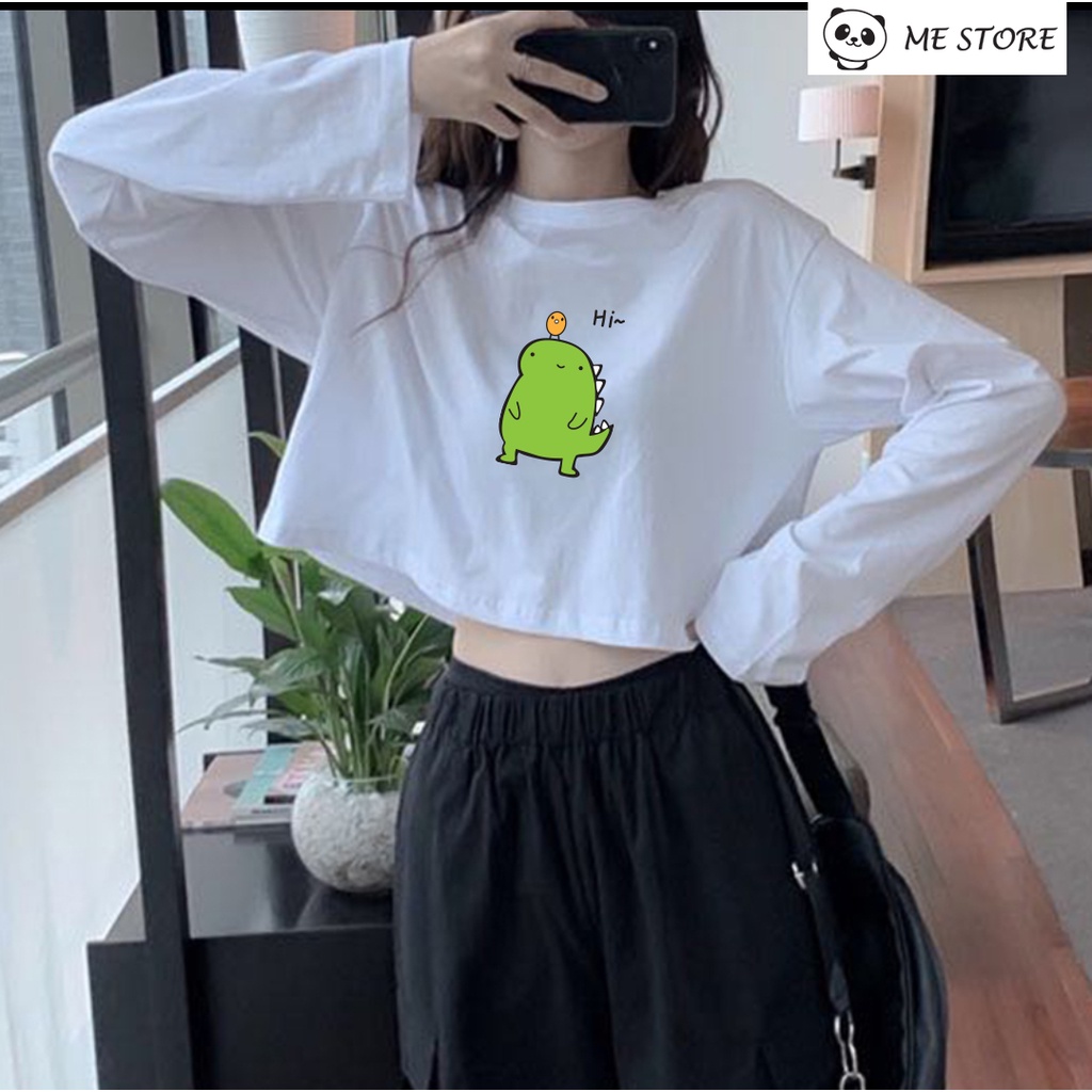 Áo thun tay dài thu đông croptop in hình khủng long xanh Ulzzang form rộng dáng rộng chất liệu 100% cotton