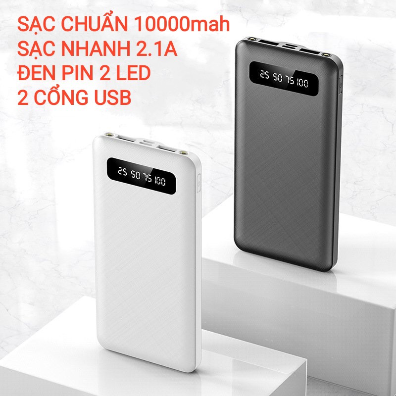 Sạc dự phòng dung lượng 10000mAh, 2 cổng USB 2.1A, có Đèn Pin, có đèn LED hiển thị dung lượng pin