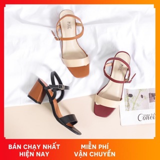 Giày sandal gót 5 phân quai ngang da mềm phối 2 màu