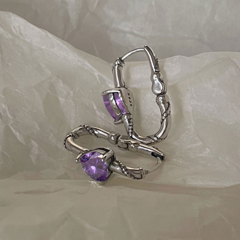 Khuyên Tai Bạc Dạng Vòng Xoắn Đính Đá Zircon Hình Trái Tim Màu Tím Chống Dị Ứng Thời Trang Cho Nữ