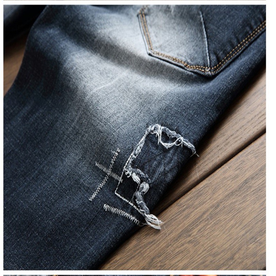 Quần Jeans Nam ống suông rách chắp vá thời thượng phong cách cá tính