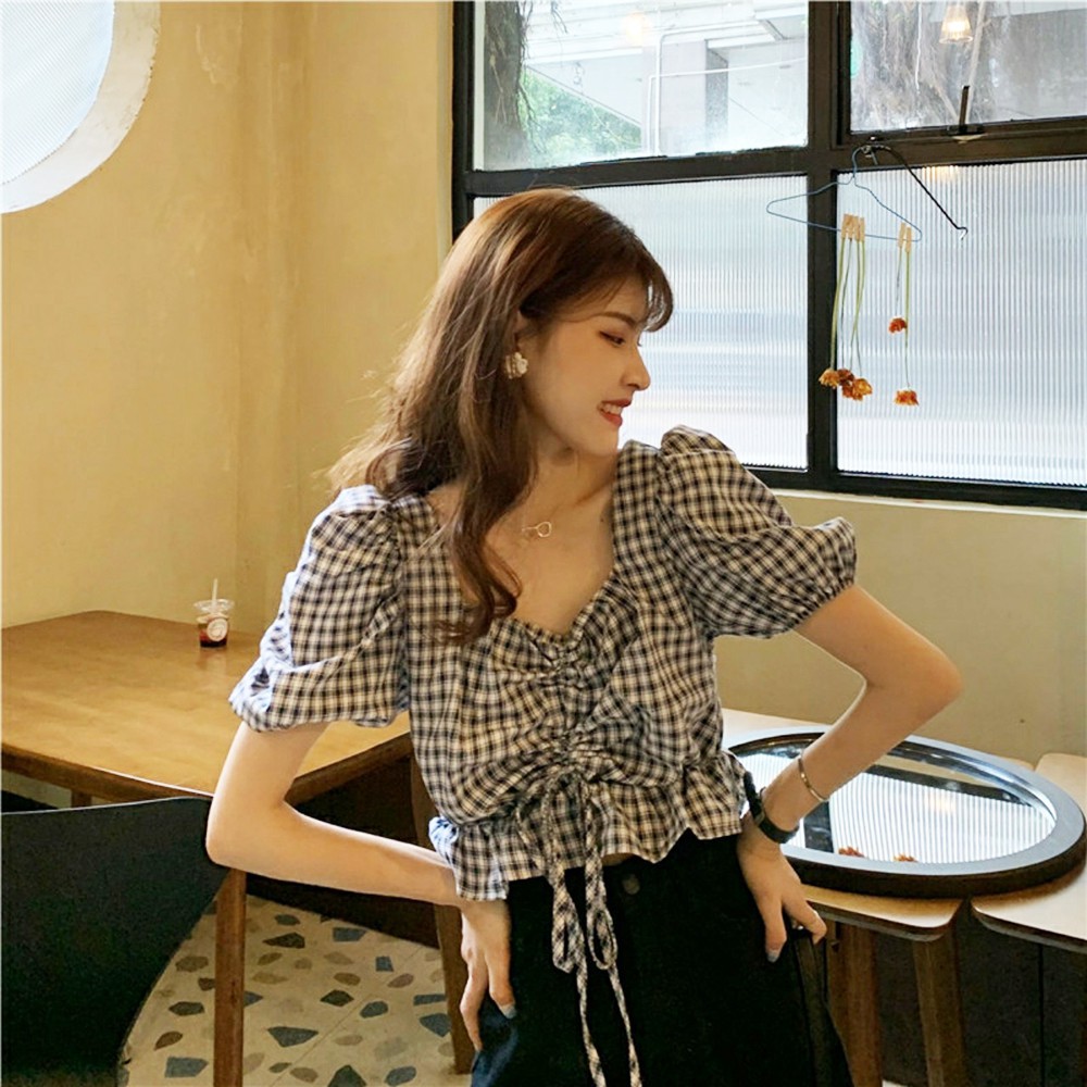 [Áo croptop] Áo croptop kẻ dây rút ngực tay bồng, áo kiểu nữ ulzzang kẻ, áo croptop kiểu, Áo sơ mi nữ CHILLSTYLE A06