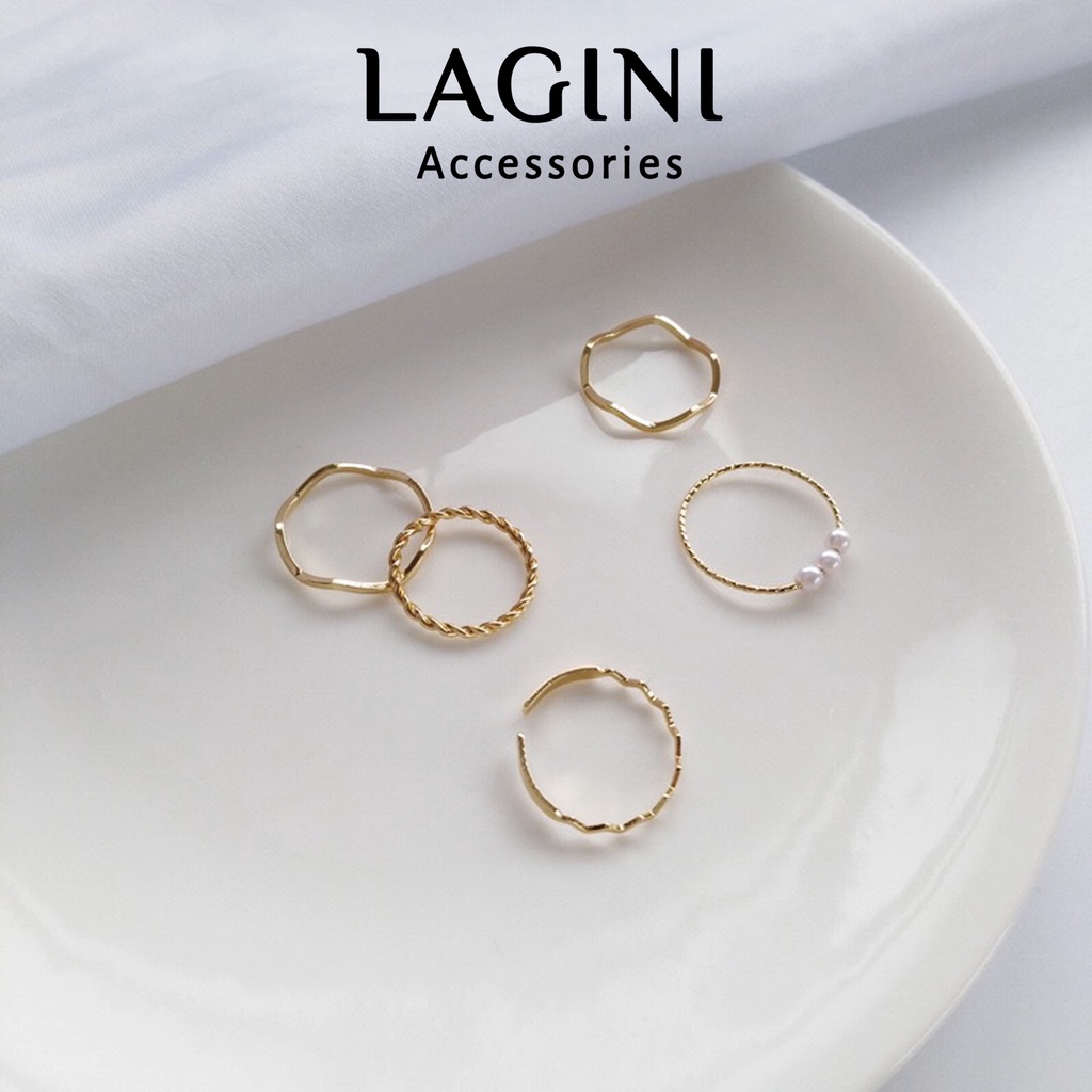 Set bộ 5 nhẫn ngọc trai Lagini cho nữ phong cách Hàn Quốc thanh lịch nữ tính