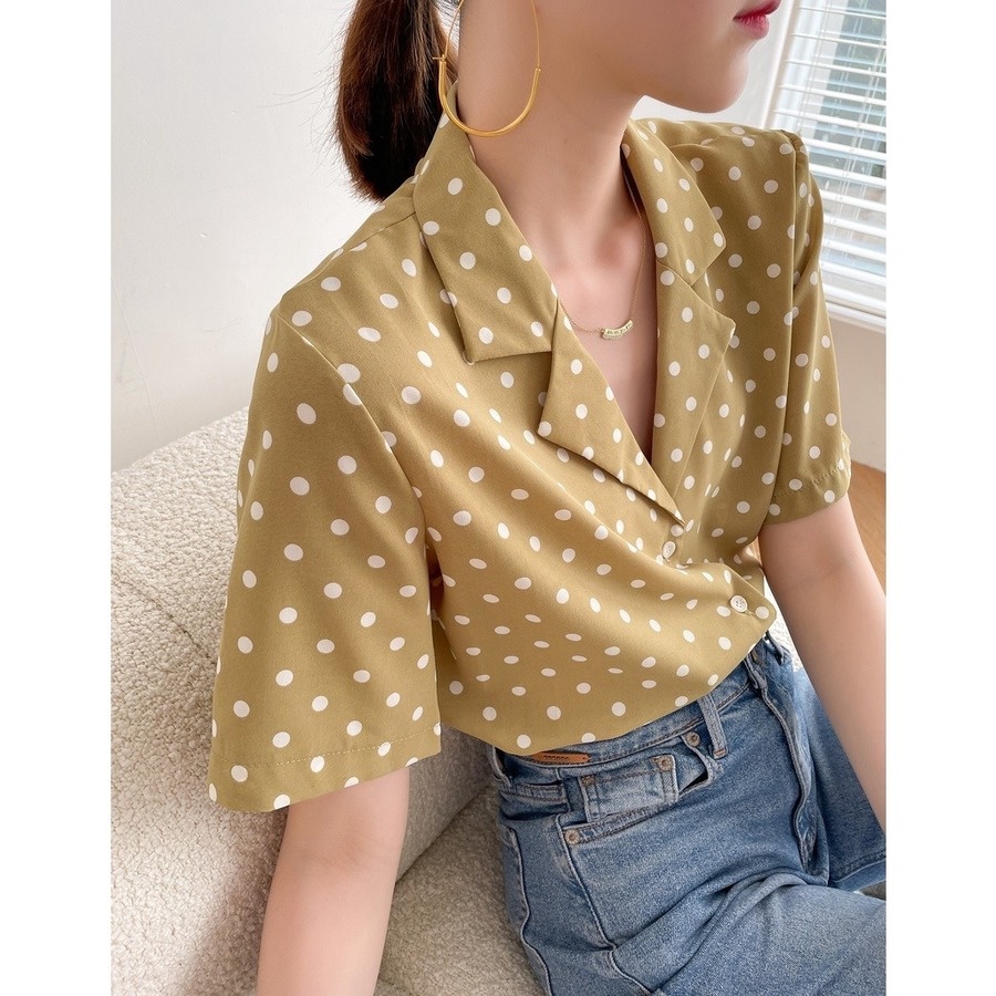 Áo sơ mi GENAISHA cho nữ ngắn tay cổ chữ V chấm bi thời trang