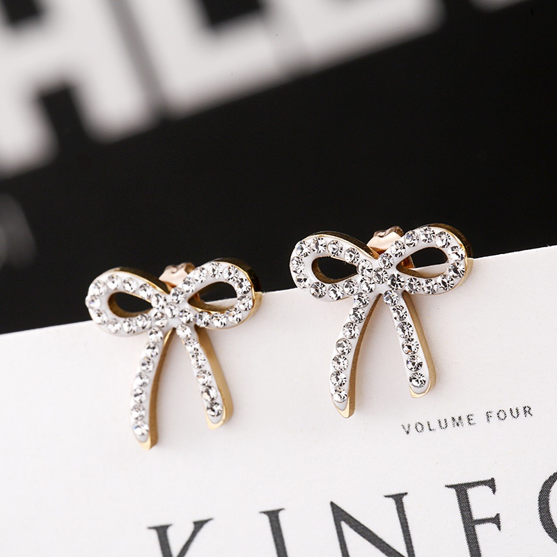 [FreeShip] Bông tai nữ nơ titan đính đá E3-112a - CAM KẾT KHÔNG BAY MÀU