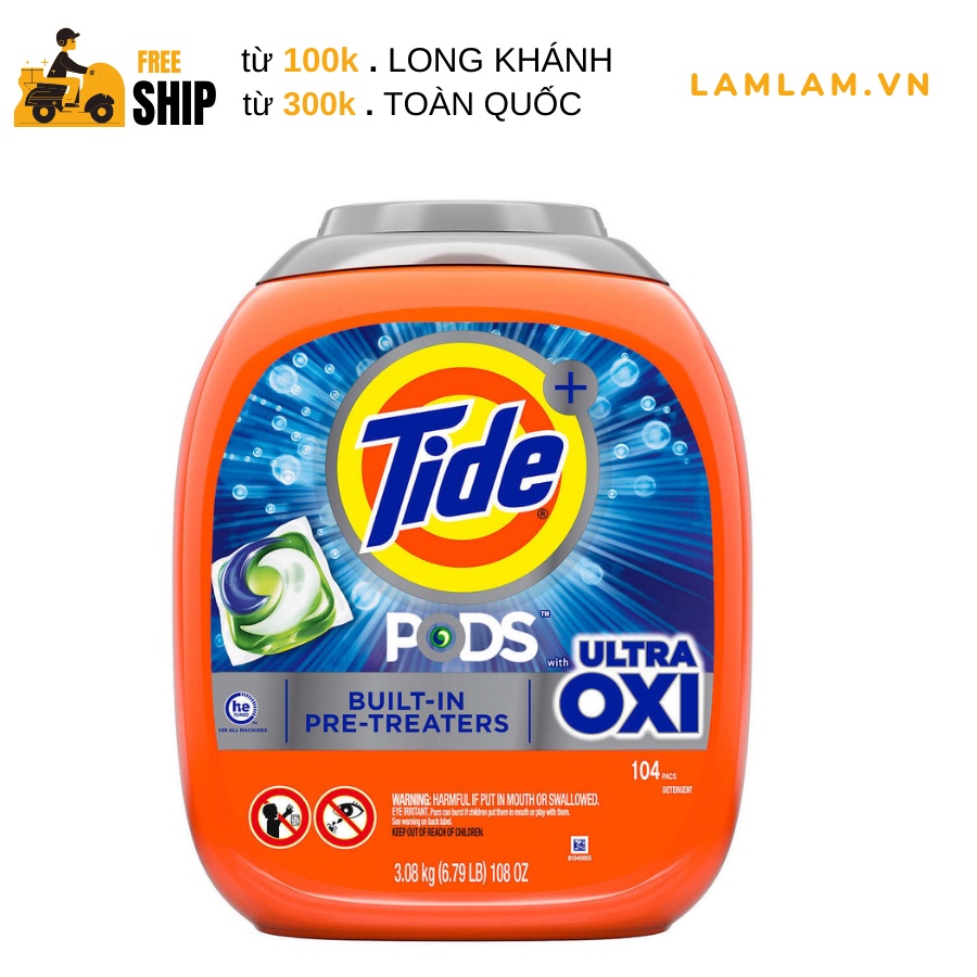 Viên Giặt Xả Tide PODS Ultra OXI 4in1 Laundry Detergent, Hộp 3.08 Kg (6.79 Oz.) 108 Oz., 104 Viên