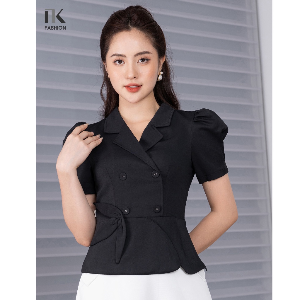 Áo Sơ Mi Nữ NK Fashion Thiết Kế Giao Cúc Cổ Vest Kết Hợp Tay Bồng Chiết Eo, Chất Liệu Nhập Hàn Cao Cấp NKSM2205003
