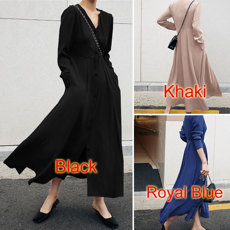 Đầm dài ZANZEA túi hông dài tay cổ V cài cúc phía trước