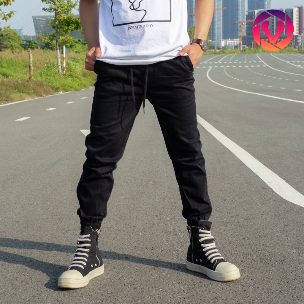 Quần jogger kaki co giãn, unisex, màu đen và xanh đen, form Hàn Quốc trẻ trung, ôm body, tôn dáng