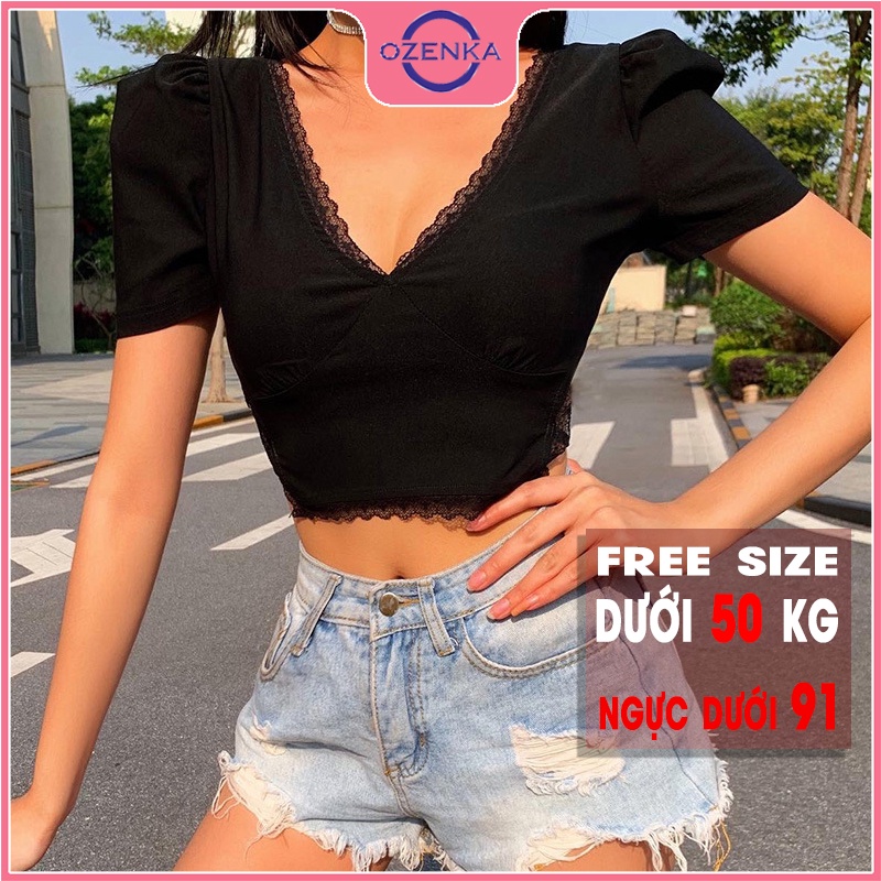 Áo croptop cổ V cộc tay vai bồng phối ren nữ OZENKA , áo thun nữ ôm body hở lưng gợi cảm buộc dây màu đen dưới 50kg