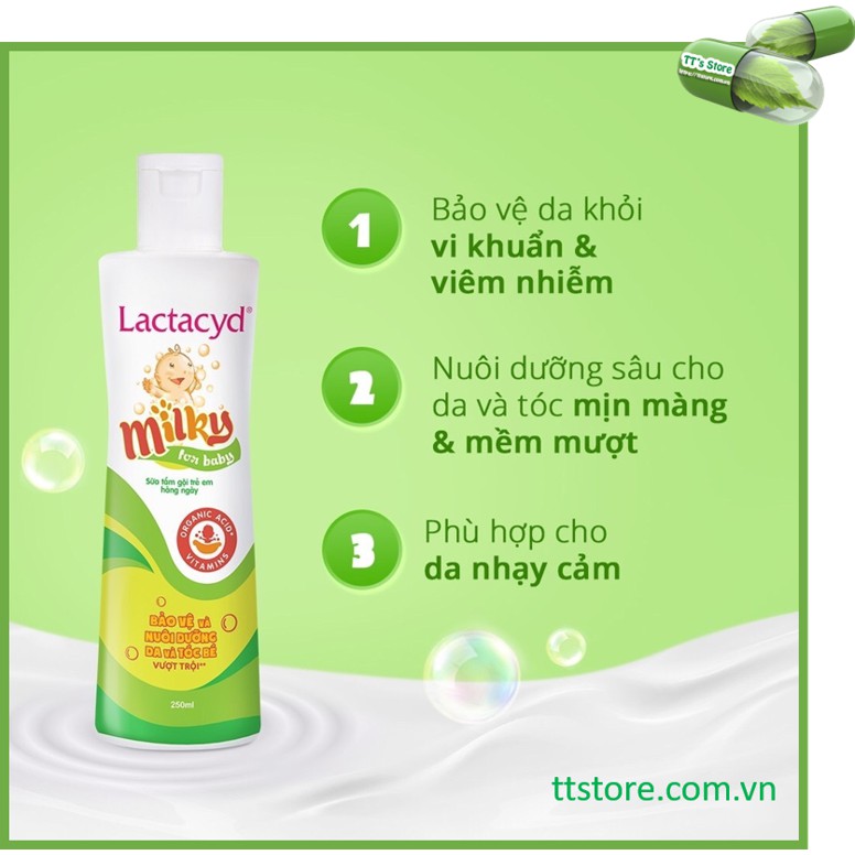 Sữa tắm gội trẻ em Lactacyd Milky - Lactacyd BB - Lactacyd em bé - giảm rôm sảy, hăm kẻ