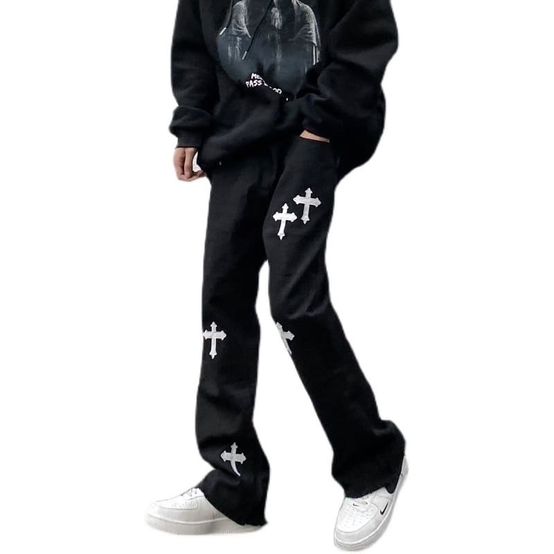 Quần jean in hình thập giá from ống xuông phong cách unisex