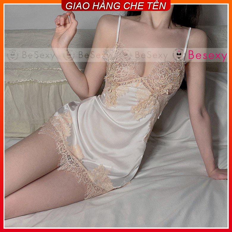 Váy ngủ lụa viền ren dây lưng kèm quần chip lụa gợi cảm