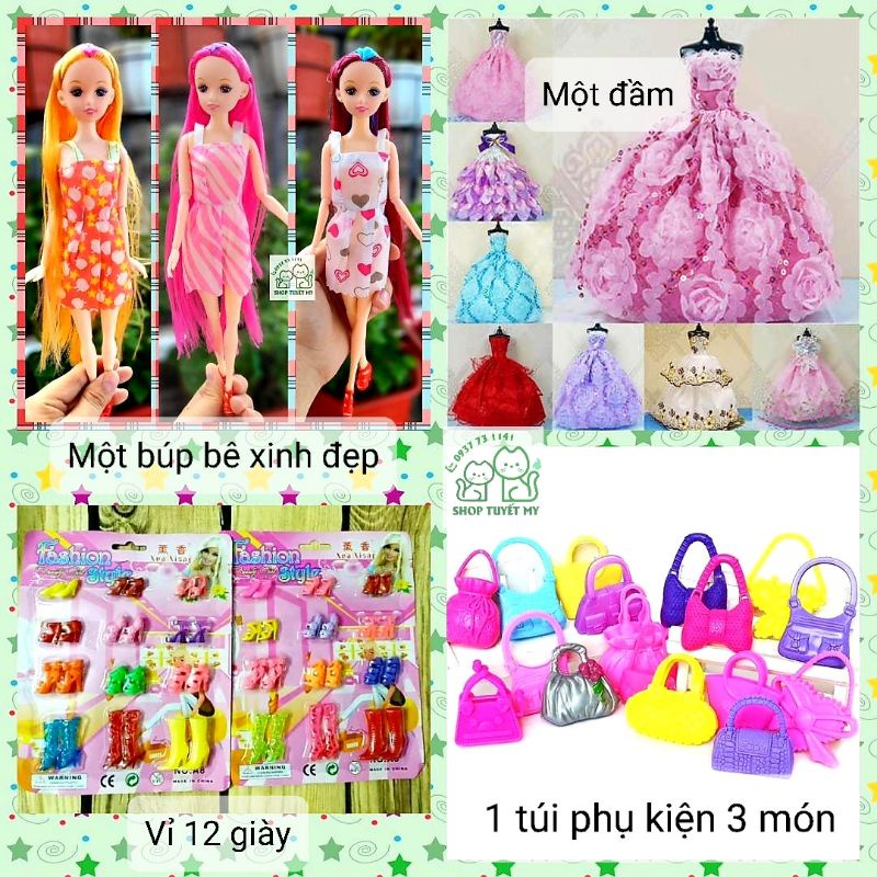 Combo búp bê khớp+12 giày+1 sa rê+túi phụ kiện