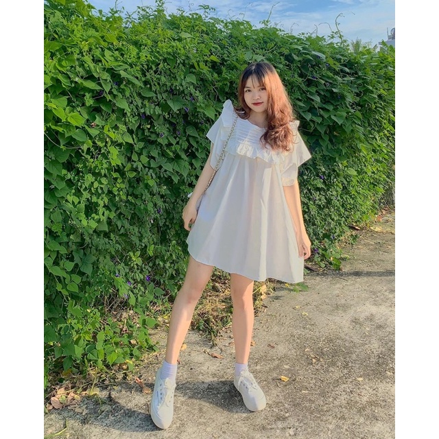 Đầm phồng bèo ngực vải thô, đầm babydoll áo babydoll phối bèo trắng