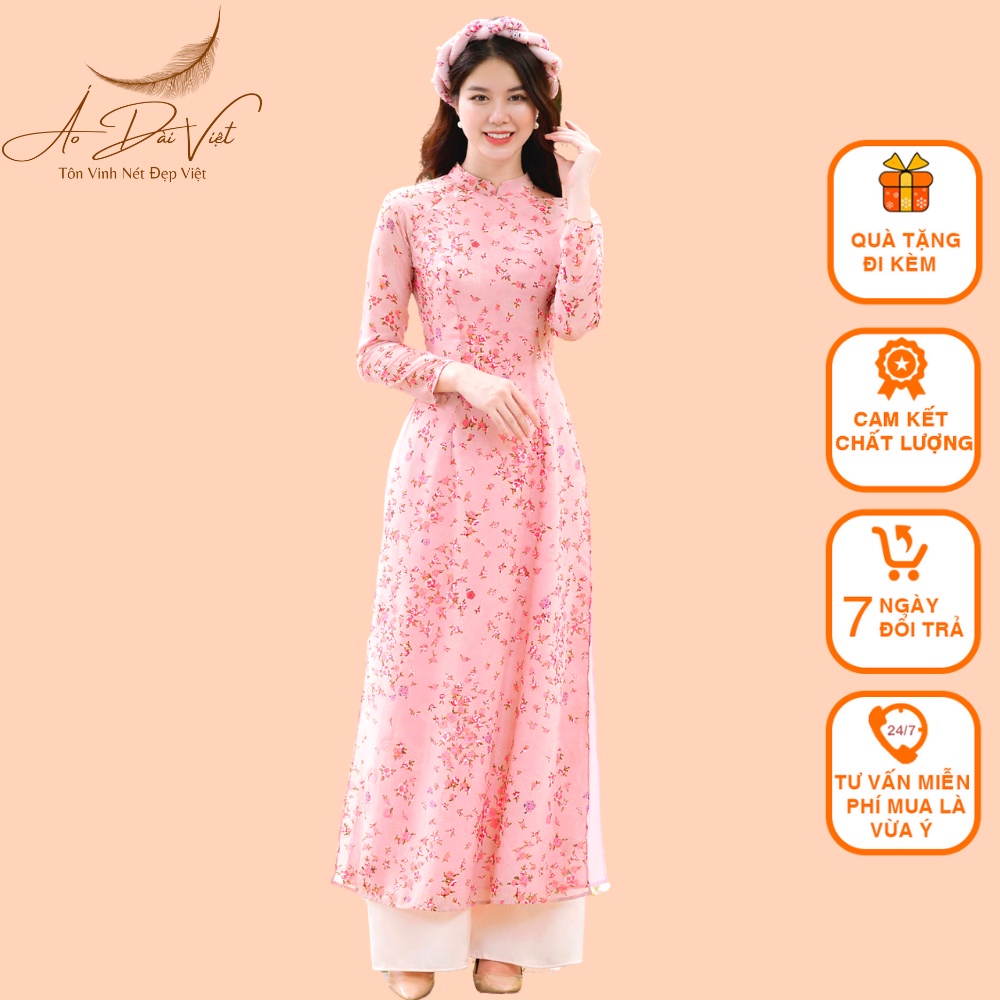 Áo Dài Hoa nhí voon tơ may 4 tà màu hồng + xanh đá nhẹ nhàng