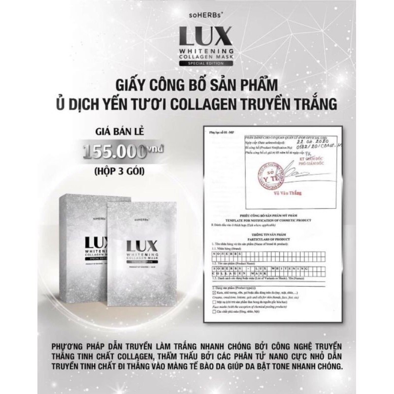 CHÍNH HÃNG 100%Ủ TRẮNG DỊCH YẾN TƯƠI LUX soHERBs ( HỘP 3 GÓI Ủ)