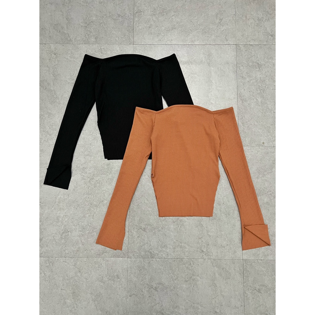 Áo croptop nữ bẹt vai xẻ tà tay dài I Hhvintage