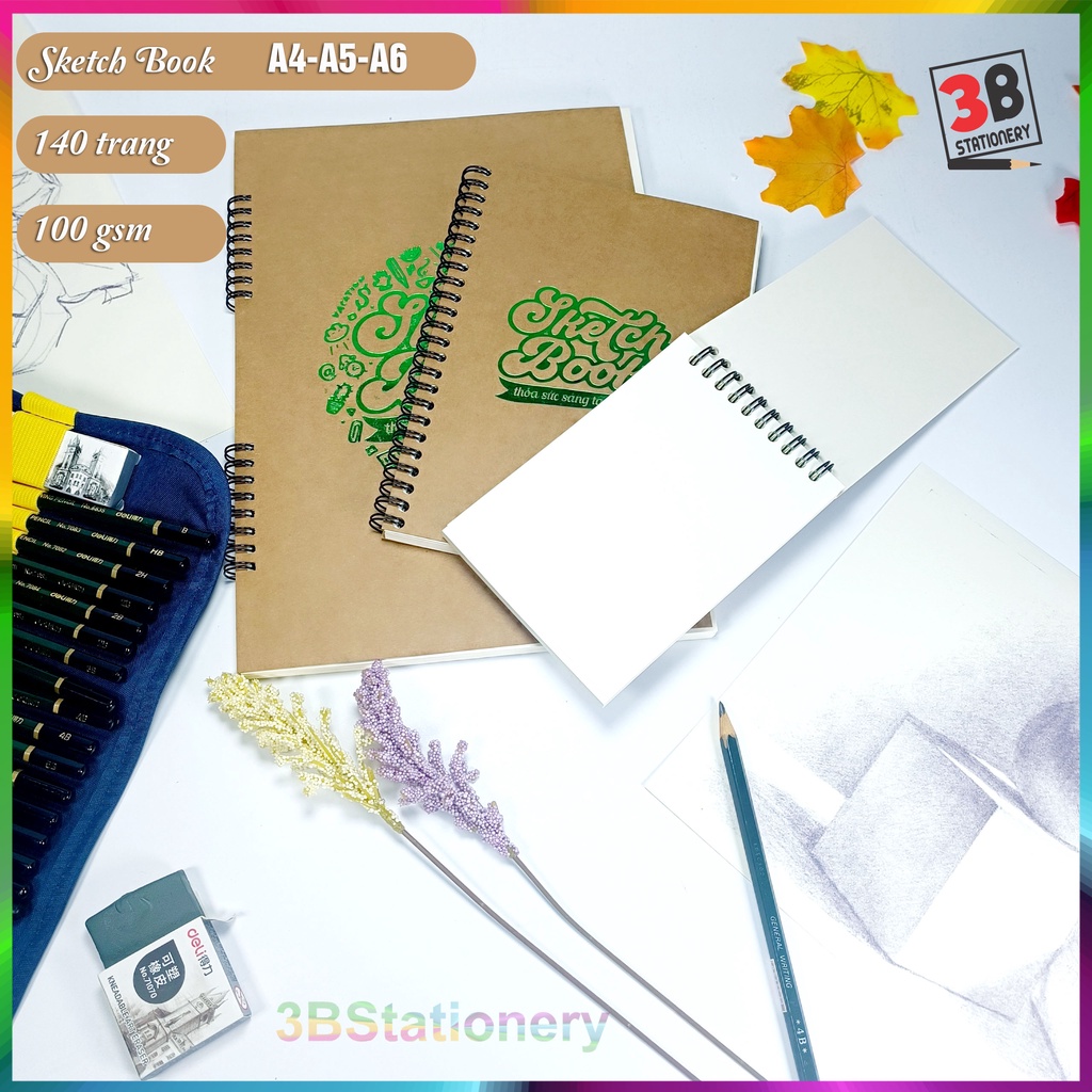Sketchbook - Sổ tay vẽ chì phác thảo gáy lò xo, 140 trang, ruột giấy kem trơn tốt cho thị lực, A4, A5, A6