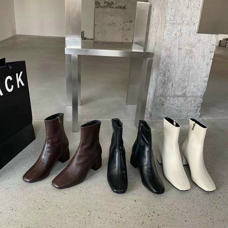 Giày boot nữ da trơn mũi tròn gót vuông 5cm khóa kéo mẫu M22-9 – Kachi House