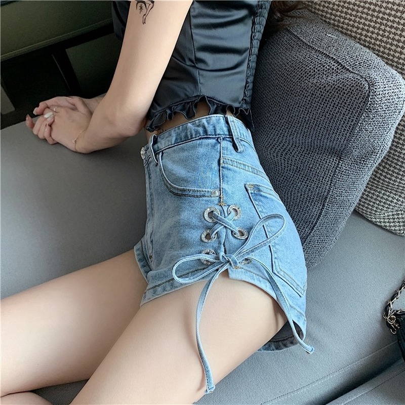 DUNEA Women's Chic Bow Tie Straps Were Thin A-line High Waist Denim Shorts