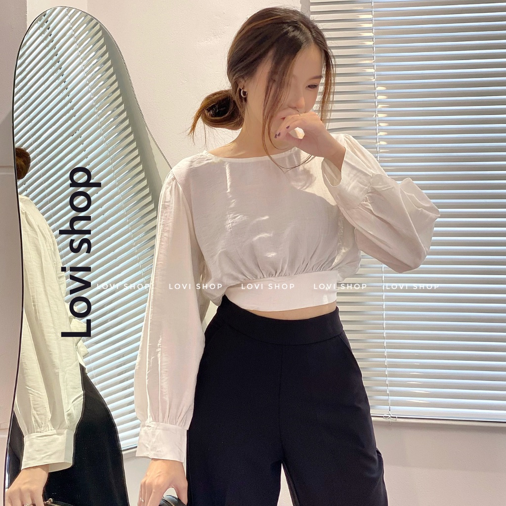 LOVI SHOP - Áo croptop nơ lưng tay dài basic nhiều màu trơn LOVI