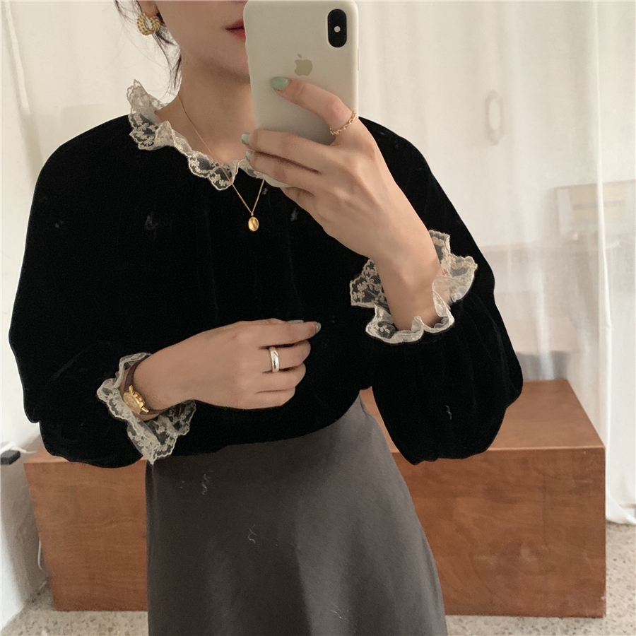 SUXI Áo kiểu tay dài bo phồng phối ren phong cách Retro thời trang Hàn Quốc cho nữ