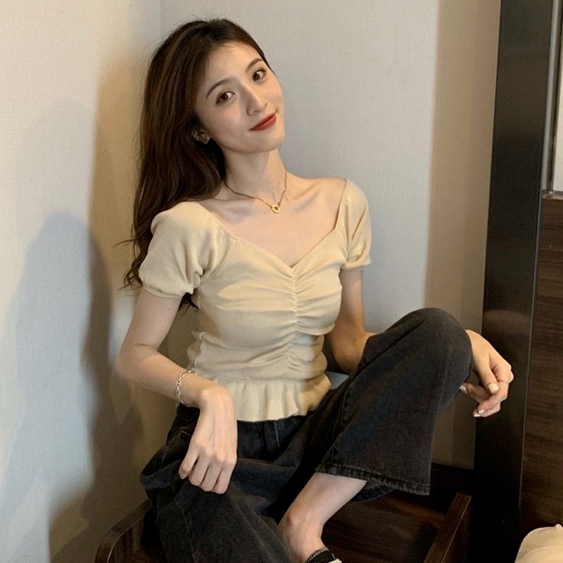 Áo Dệt Kim Ngắn Tay Cổ Vuông Trễ Vai Phong Cách Pháp Cho Nữ