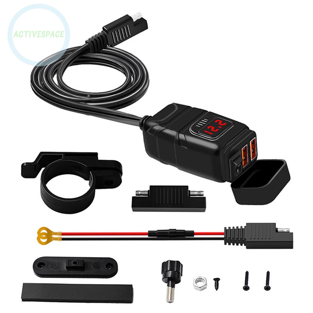 Waterproof Motorcycle QC 3.0 Dual USB Quick Charger Adapter w/ Red LED Voltmeter