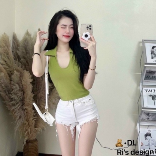 Áo thun tăm cổ bẻ sát nách cổ khoét U, Áo kiểu dáng ôm co giãn AK057 - NhiNhi Shop