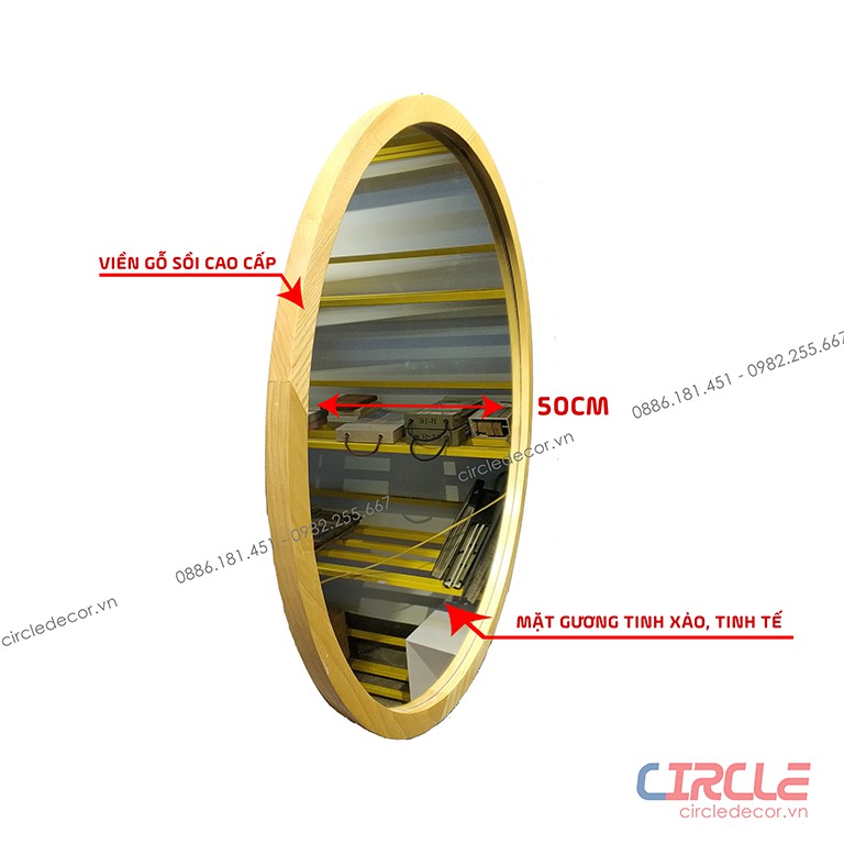 D50 Gương Tròn Treo Tường Viền Gỗ Sồi Cao Cấp - Bảo hành mặt gương TRỌN ĐỜI