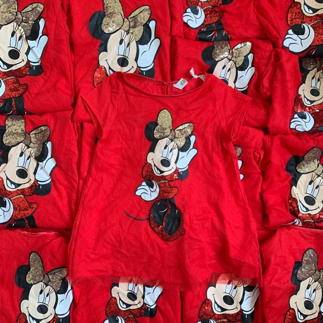 Đầm đỏ bé gái in hình chuột Mickey xuất xịn