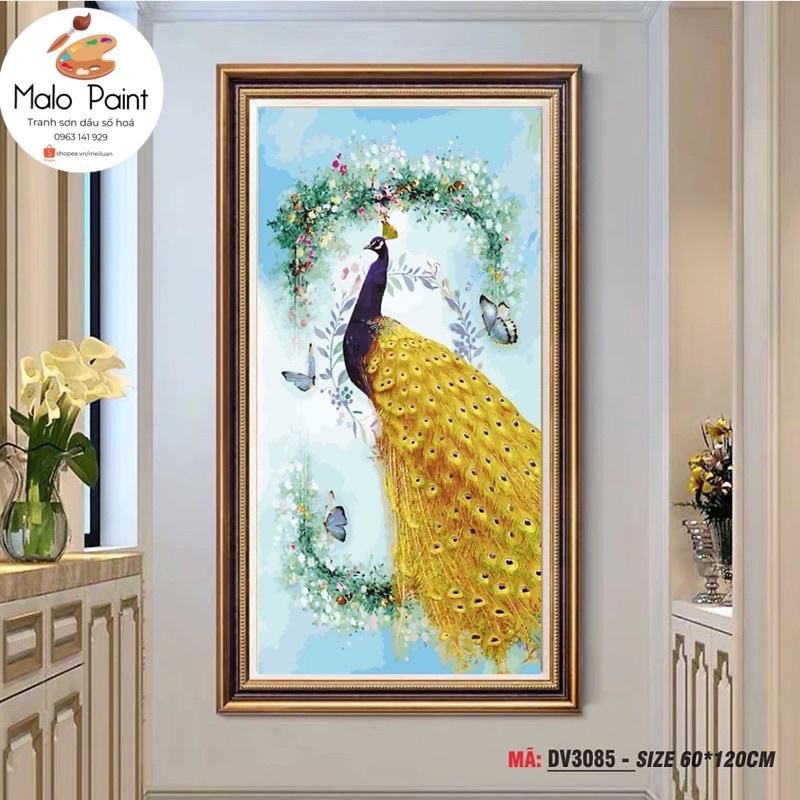 Tranh sơn dầu số hoá tự tô màu Tranh con công khổng tước đuôi vàng khổ lớn 60x120cm chưa căng khung