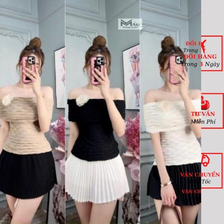 Áo trễ vai nữ xốp nhăn đính hoa tiểu thư bánh bèo cao cấp ulzzang Hàn Quốc