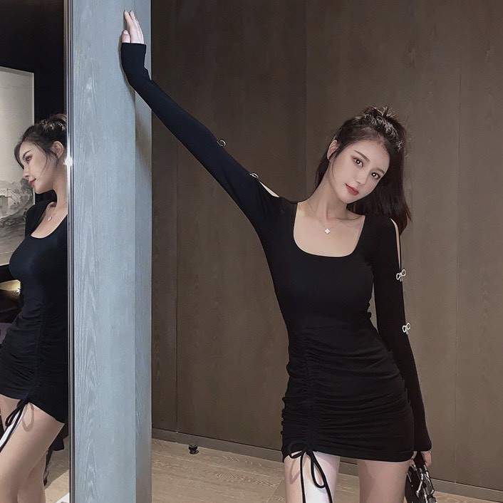 Váy Body Dây Rút Tay Dài Đính Nơ Đá LSEOUL V0763