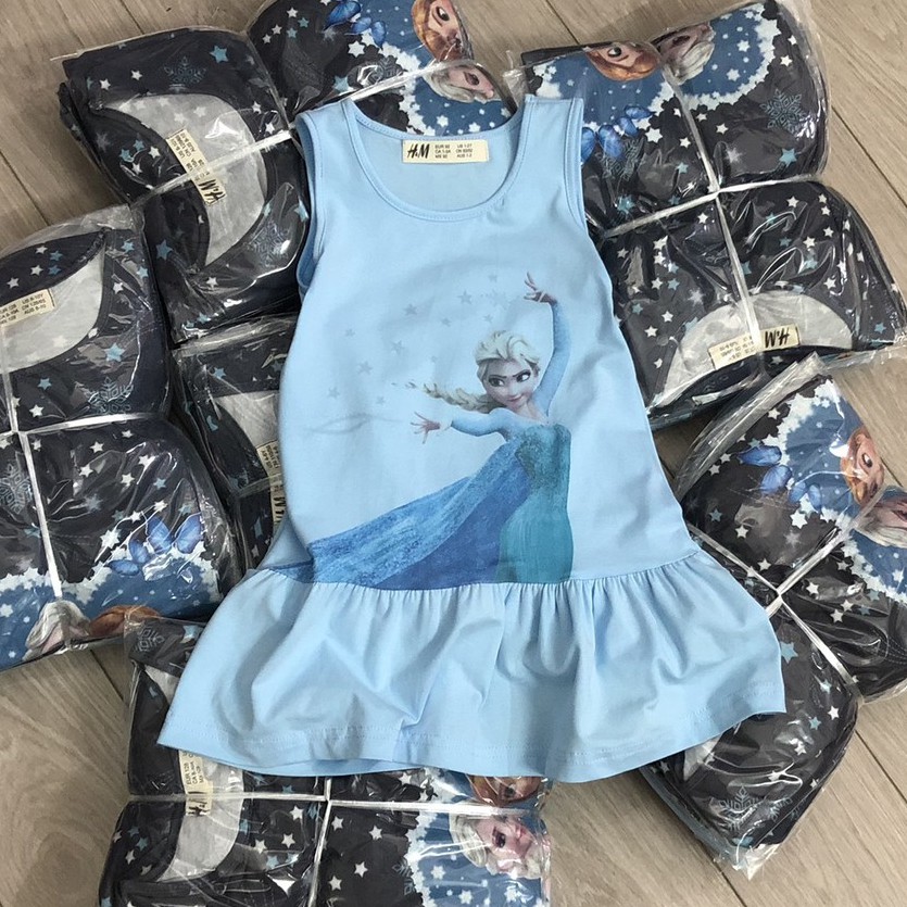 Váy đầm bé gái - Set 2 váy Elsa xanh HM chất cotton cho bé gái size 2-10 tuổi