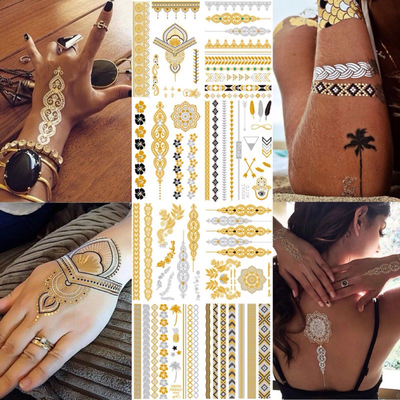 Waterproof Tattoo Freckle Henna Metallic Gold Flash Face Feather-Design Women Silver