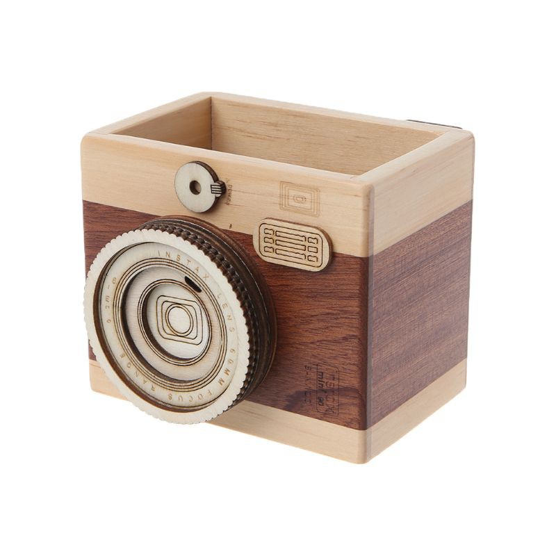 SEL Creative Camera Pattern Wooden Pen Pencil Case Holder Stand Desktop Sundries Storage Box Multi Purpose Use