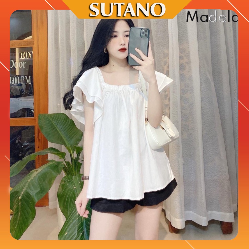 Áo kiểu bánh bèo nữ trễ vai cổ vuông tay ngắn SUTANO A398, Áo sơ mi nữ bánh bèo kiểu babydoll Trễ vai Hàn Quốc -A398