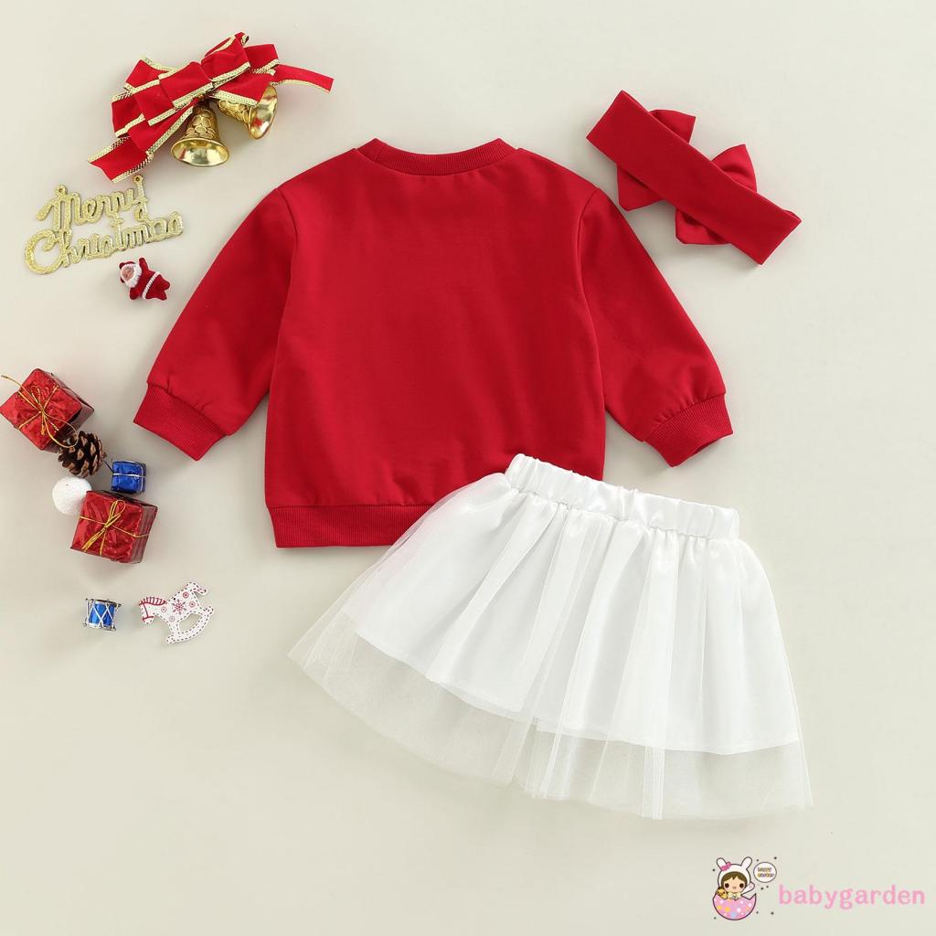 Set Đồ 3 Món Gồm Áo Cổ Tròn In Chữ + Váy Tulle + Băng Cài Đầu In Họa Tiết Giáng Sinh Cho Bé Gái 0-24 Tháng Tuổi