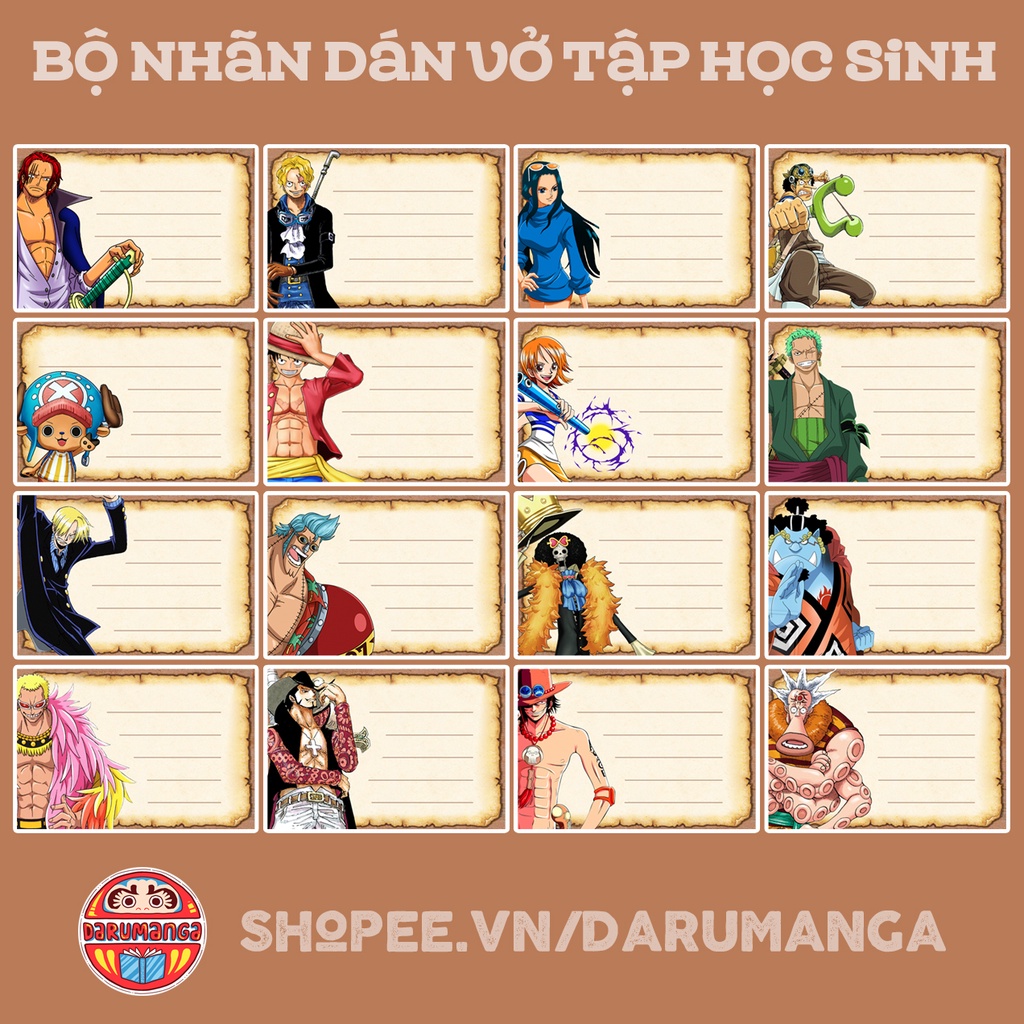 BỘ 16 NHÃN VỞ TẬP HỌC SINH IN HÌNH ONE PIECE